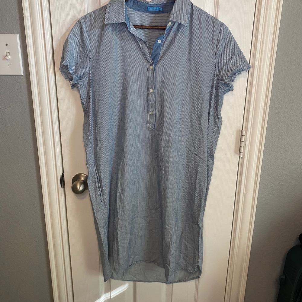 J‎ McLaughlin Womens Medium Blue White Stripe Shirt Dress Frayed Cuffs Workwear
